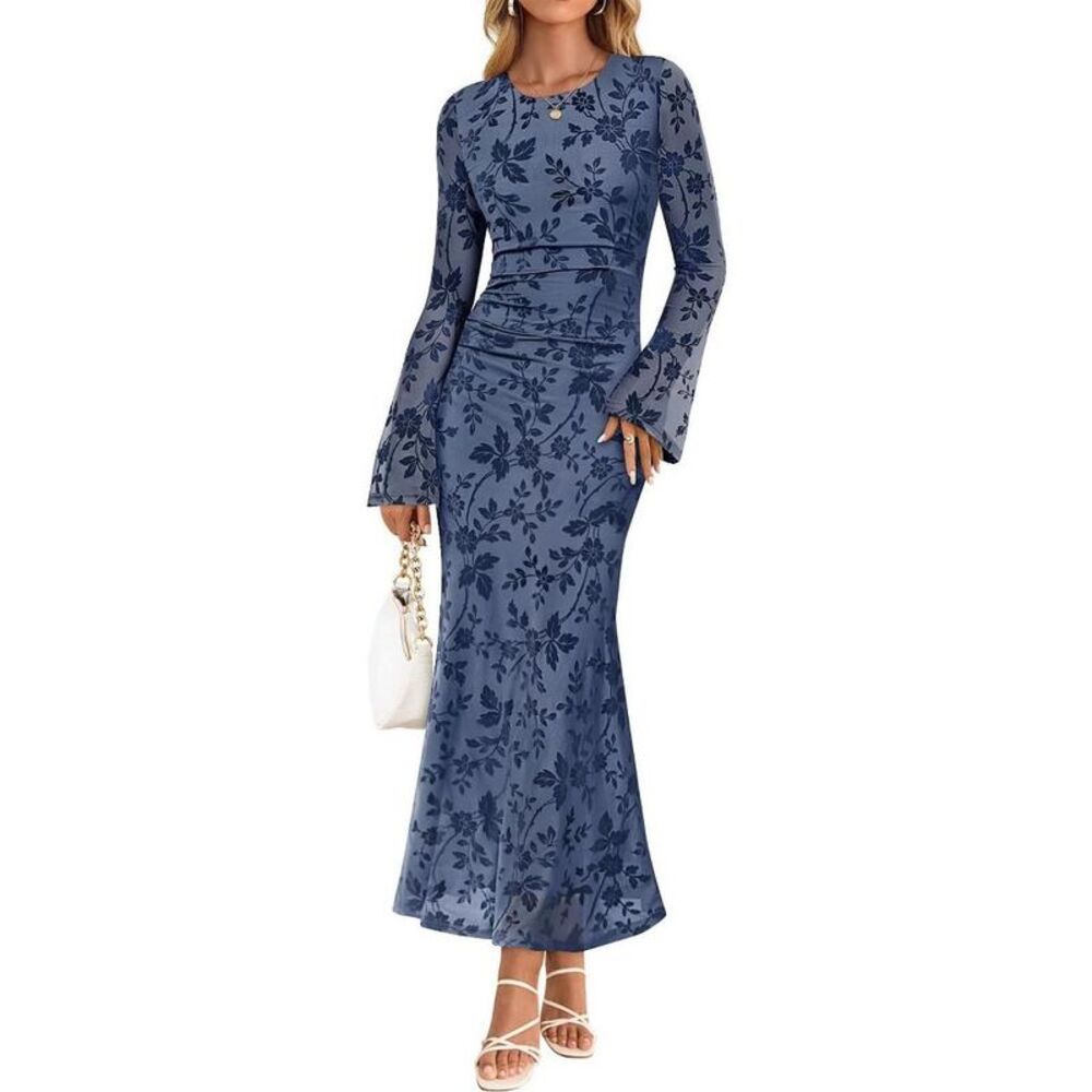 Dusty Blue Floral Bodycon Maxi Dress Ruched Mesh for Wedding Guest